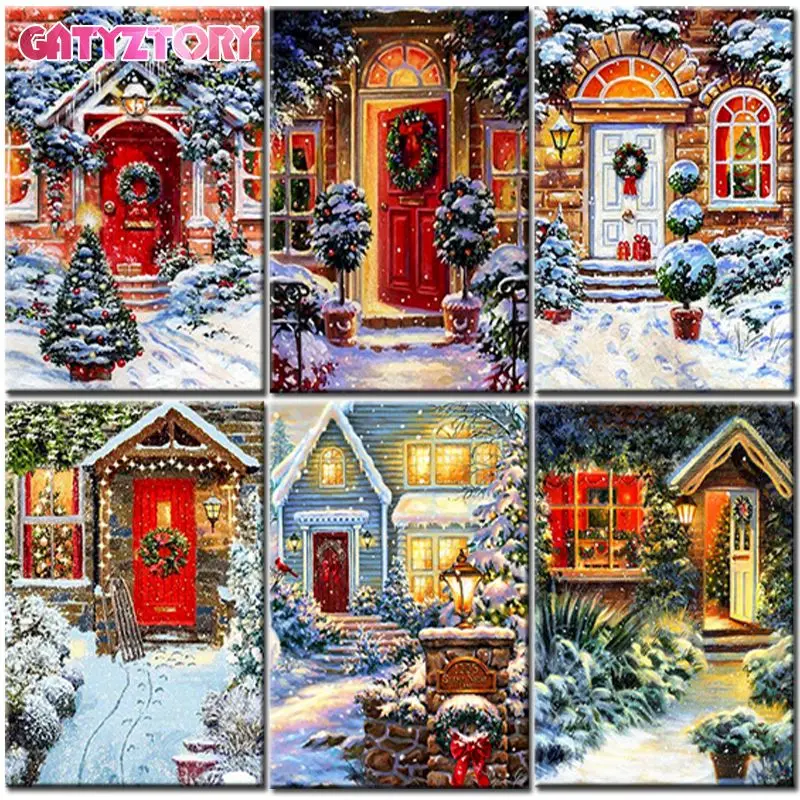 

GATYZTORY 50x65cm Oil Painting By Number Kits Diy Framed On Canvas Christmas Front Door Decor Landscape Picture By Number Craft