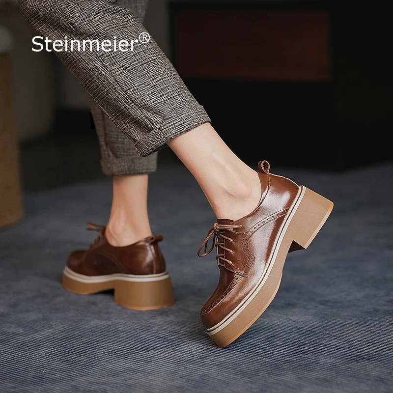 

Women Autumn New Chunky Middle Heel Calf Leather Beige Women Loafers Laces Retro Round Toe British Style Female Shoes 2022