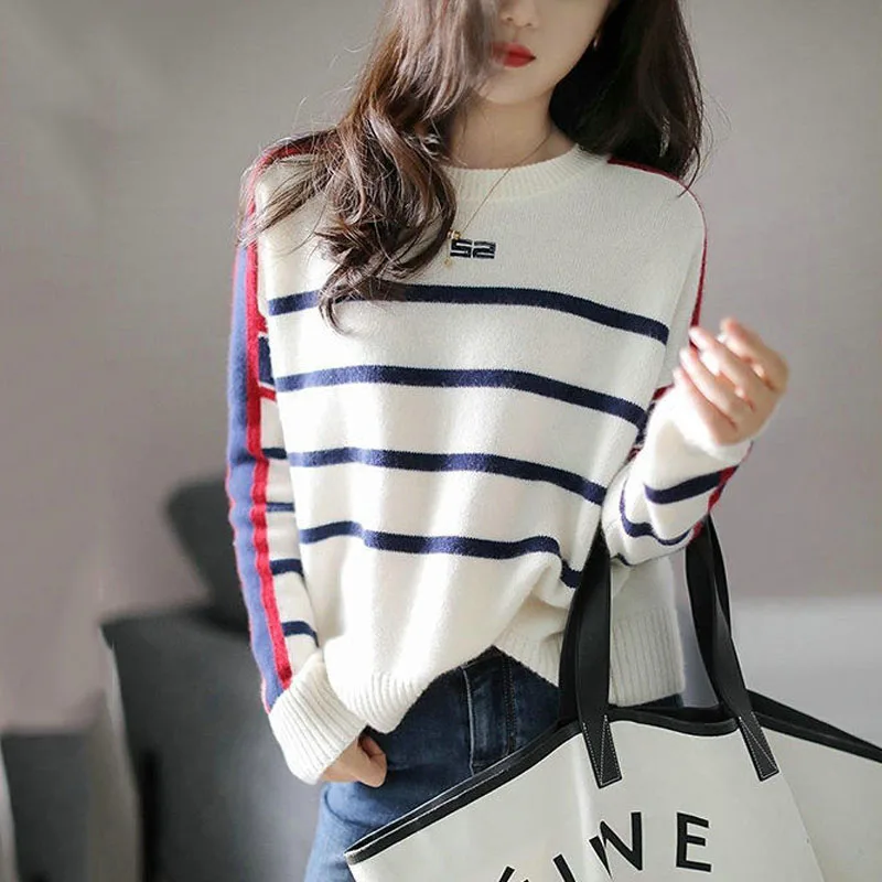 

Женский трикотажный шерстяной джемпер в полоску, с круглым вырезом