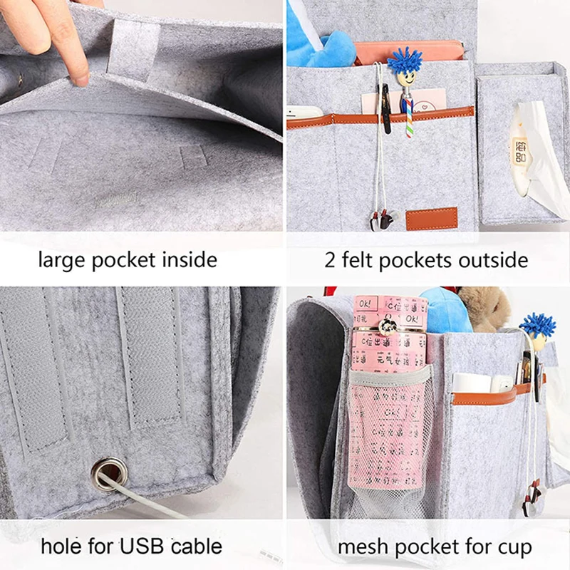 

Felt Storage Bag Hanging Pocket Bedside Organizer with Hook Hole & Fasten Tape for Organizer Bags Remote Control Book Pad