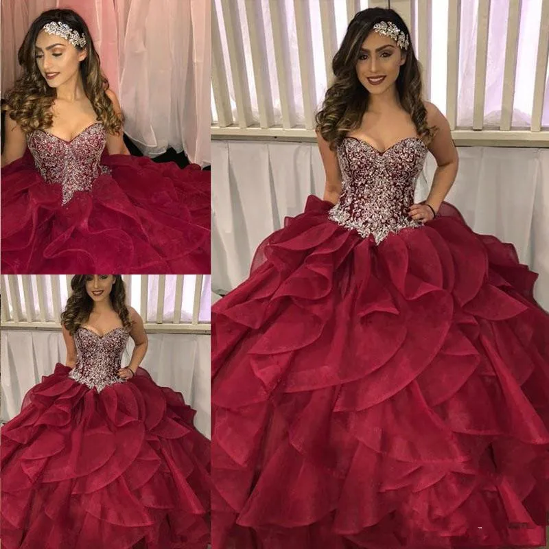 

Tiered Cascading Ruffles Quinceanera Dresses Pageant Dazzling Silver Crystal Rhinestone Burgundy Organza Ball Gown Prom dress