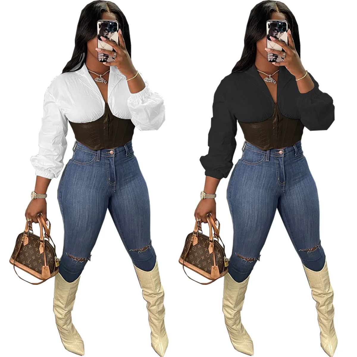 

5WY6865 осенне-зимний женский Повседневный модный пикантный кардиган из искусственной кожи на молнии с воротником-рубашкой