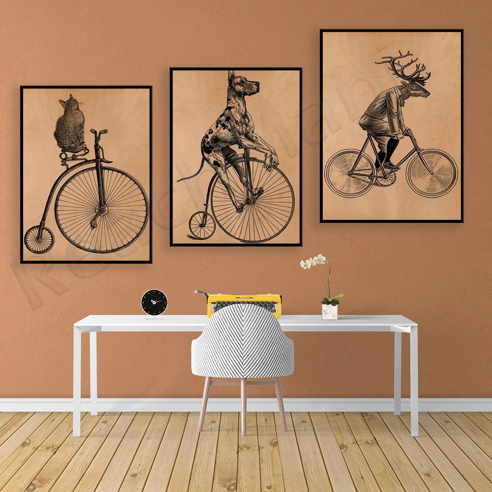 

Немецкий дог, кошка велосипед, Лось горный велосипед лесной Декор животных печать, винтажная иллюстрация для украшения плаката