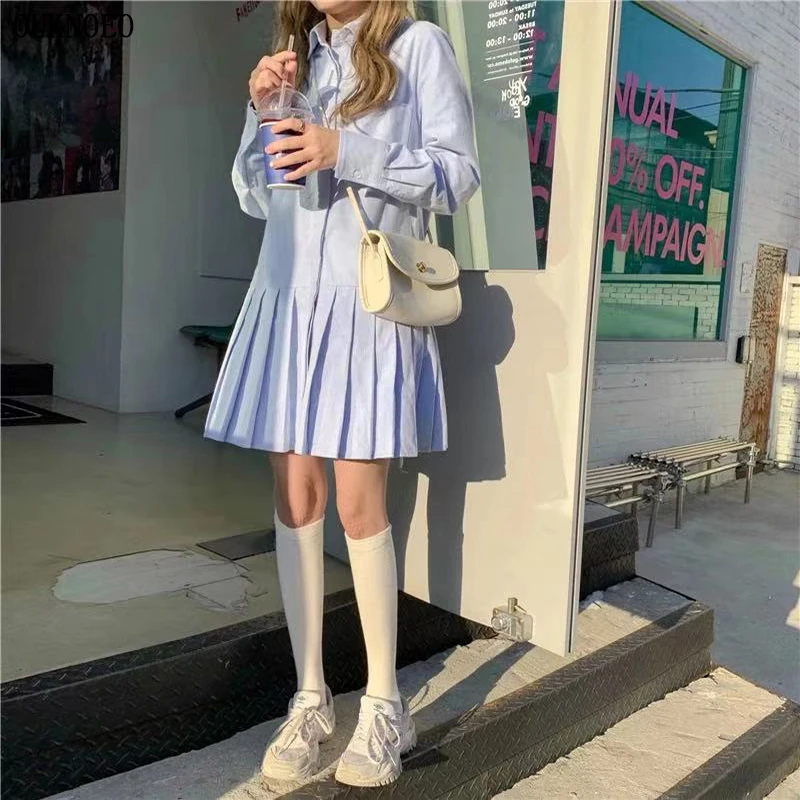 

Spring shirt skirt 2021 Korean Academy style long sleeve dress Japanese blue women's dress button pleated skirt mini skirt