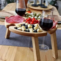 hot wooden outdoor folding picnic table with glass holder round foldable desk wine glass rack collapsible table for garden party