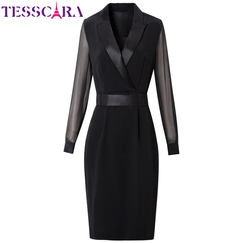 TESSCARA осеннее женское элегантное офисное платье блейзер с сетчатым рукавом