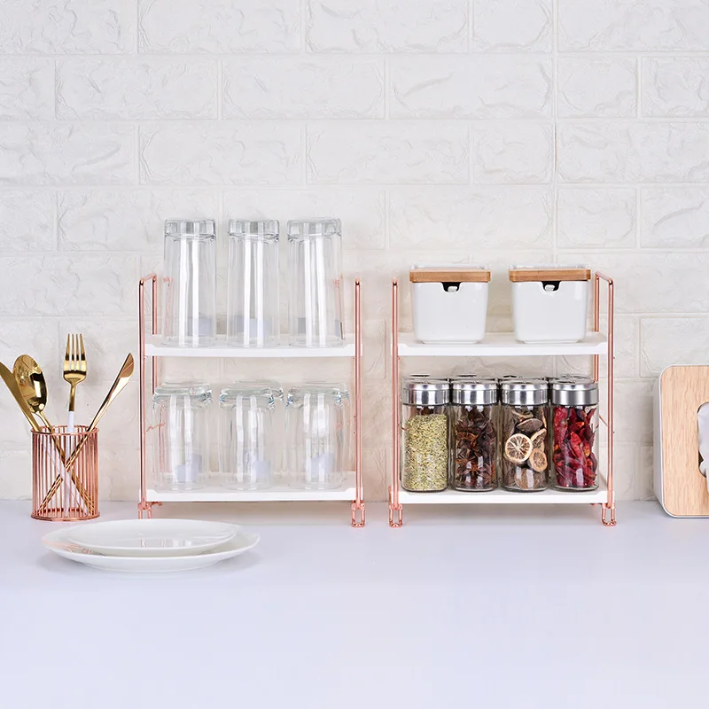 

Stackable Kitchen Shelf Nordic Rose Gold Desktop Iron Shelf 2/3 Tiers Multifunctional Bathroom Kitchen Seasoning Storage Rack MJ