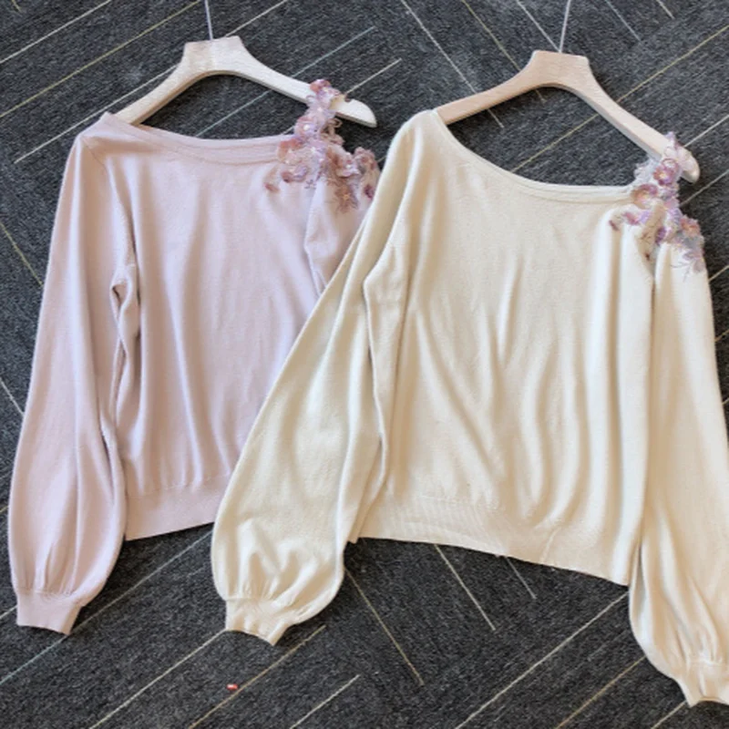 

Sexy Strapless Slash Neck Knit Sweater Women Long Sleeve Vintage Embroidery Pullover Femme 2021 Spring Loose Sueter Tops