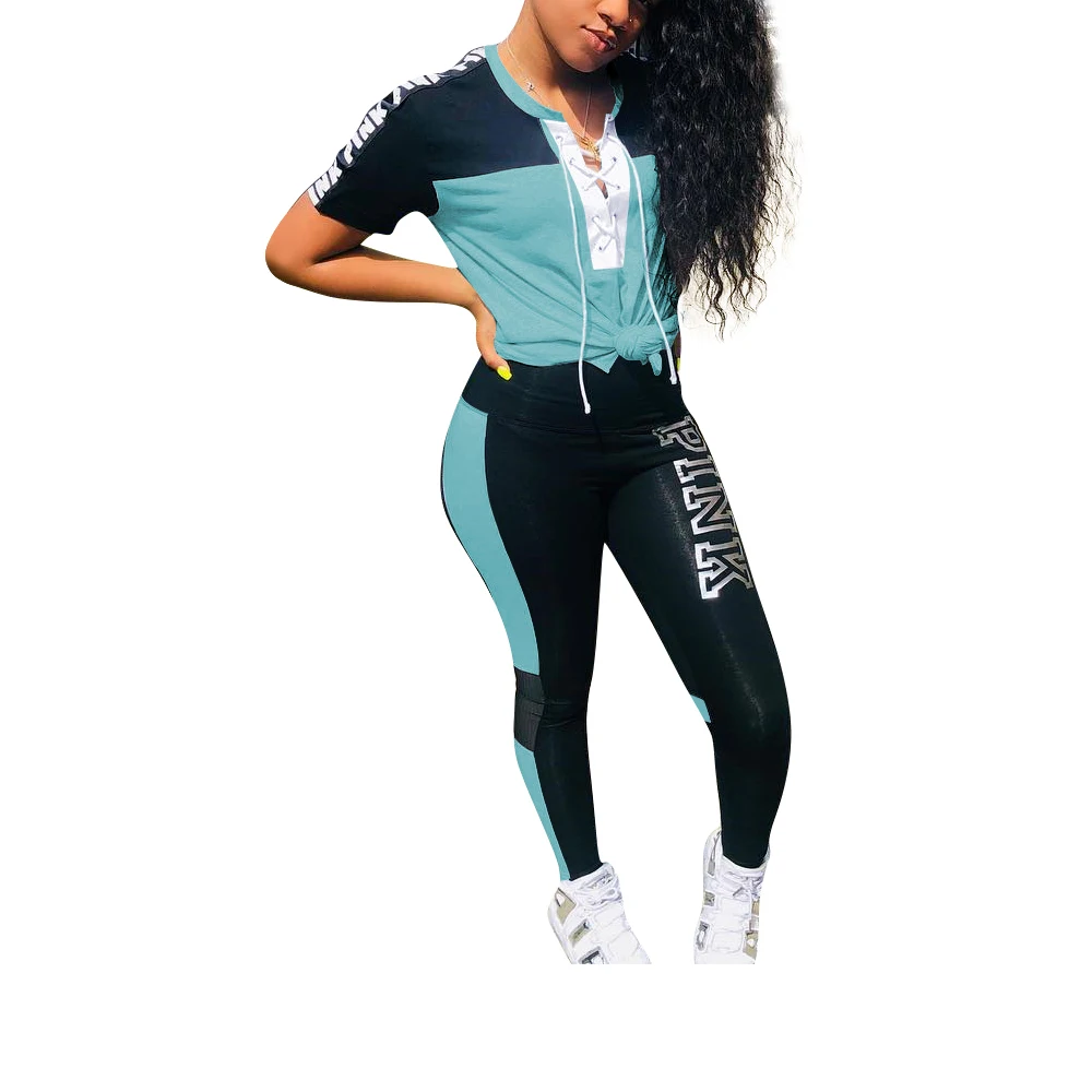 

Pink Letter Print 2 Piece Set Women Summer Casual Tracksuit Sportswear Set Patchwork Hoodies Jogger Set