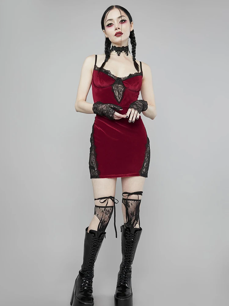 Винтажное красное бархатное Сексуальное Женское Платье InsGoth Goth гранж в эстетике