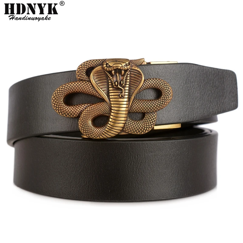 Hot Sell Snake Shaped Automatic Buckle Genuine Cowskin Leather Belt for Men Retro Leather Strap Men Waistand Gift