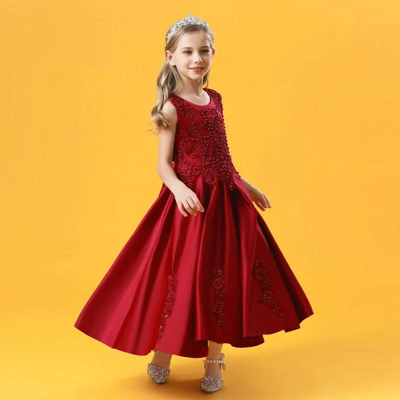 

2021 New Girls Sleeveless Beading Flower Princess Long Dress Kids Elegant Party Prom Ball Gown Children Costume 3-14 Year
