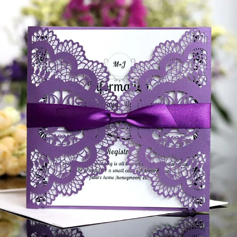 Purple 100 шт./лот) Лазерная резка Любовь Птица блестящий зеленый настроить печать свадебные приглашения карты светоотражающее Свадебное приглашение IC115G - Цвет: Purple