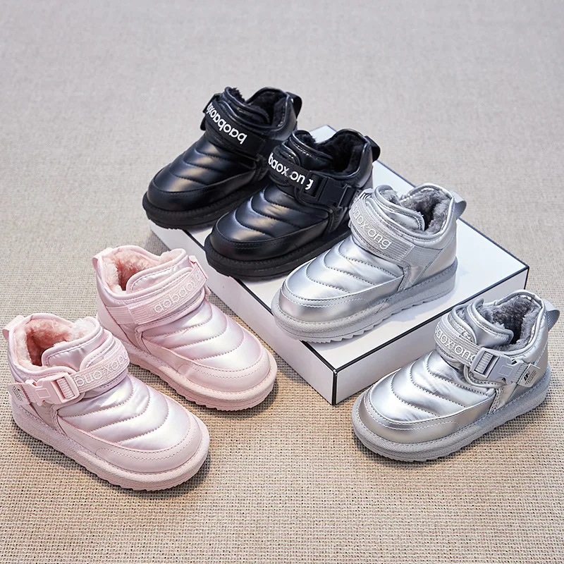 

2022 Winter Kids Sneakers Korean Style Solid Black Girls Hook & Loop Fashion Boys Casual Waterproof Snow Boots New Hook & Loop