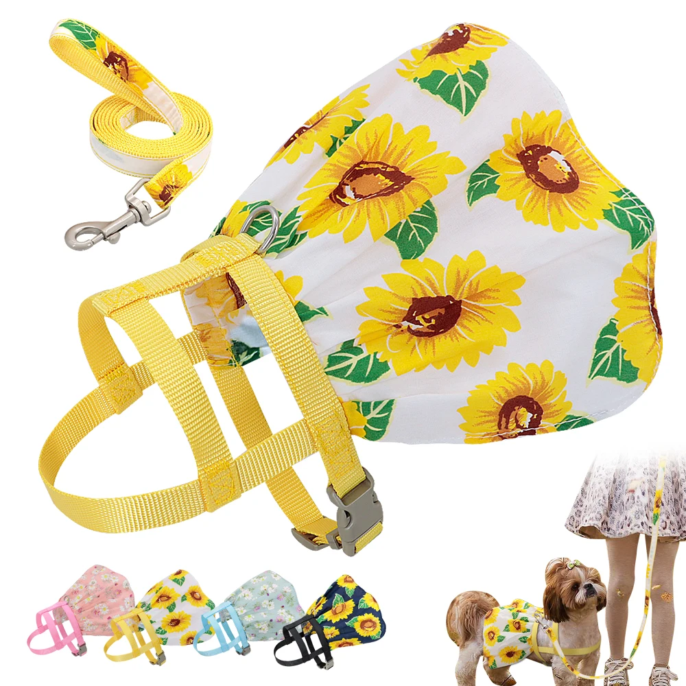 

Nylon Puppy Dog Harness With Leash Pretty Flower Print Dogs Dress Clothes Special Pet Cat Harness Dresses For Cats Small Dogs