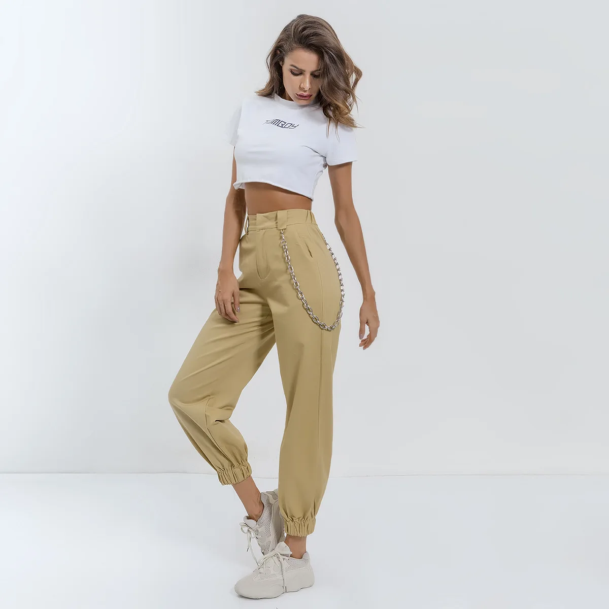 Moarcho Pocket Chain Cargo Pants Trousers Loose High Waist Tie Feet Street Hipster Colorful 2021 Fashion Women Clothing