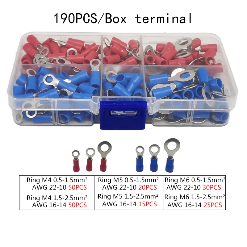 (190 шт. 6 видов RV) кольцевая клемма стандартного размера с коробкой медный провод