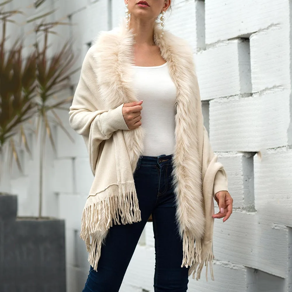 Вязаный свитер накидка женский кардиган воротник из искусственного меха теплое