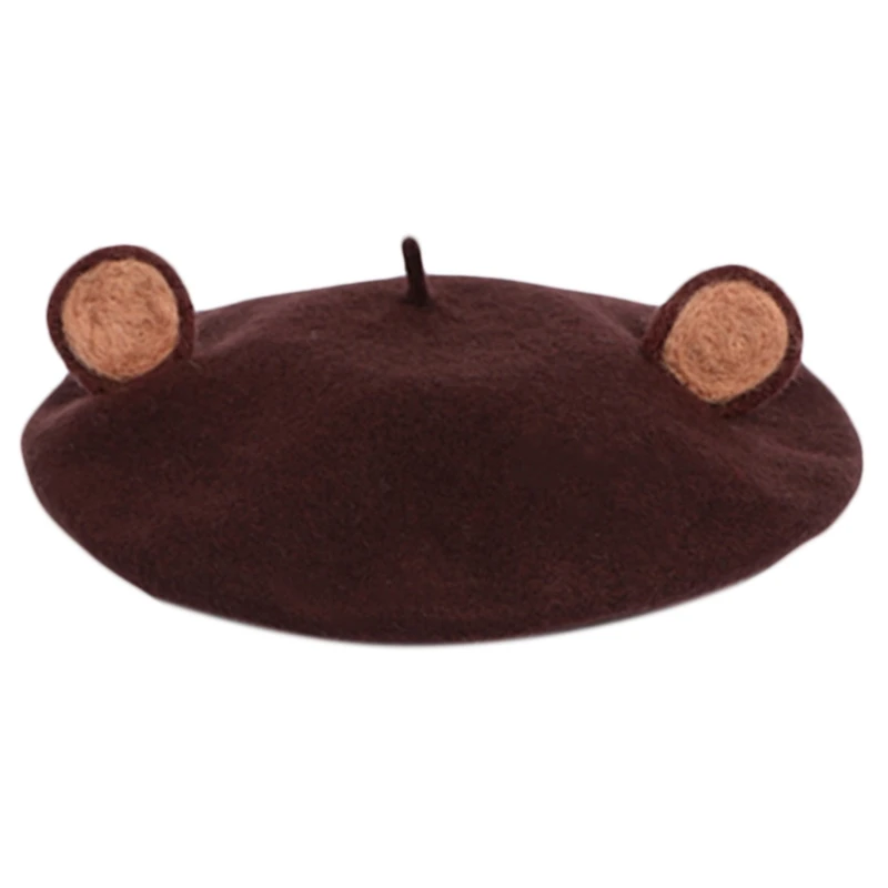 

Women Winter Autumn Faux Wool Beret Hat Cute 3D Brown Bear Ears Animal Vintage Artist Painter Beanies Pumpkin Cap