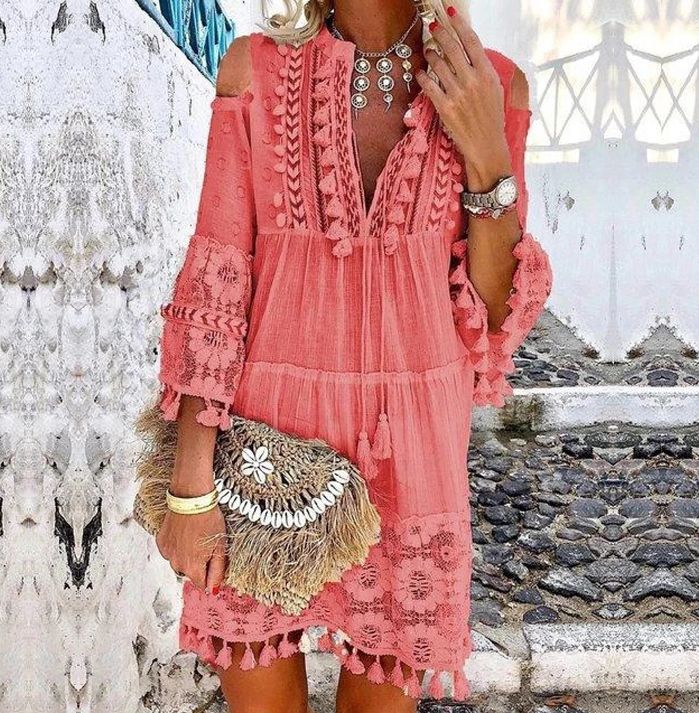 Розовый Платье в стиле Boho-Chic с v-образным вырезом, женское однотонное Летнее льняное платье с кисточками в богемном стиле, платье с длинным рукавом размера плюс, женские платья - Цвет: Розовый