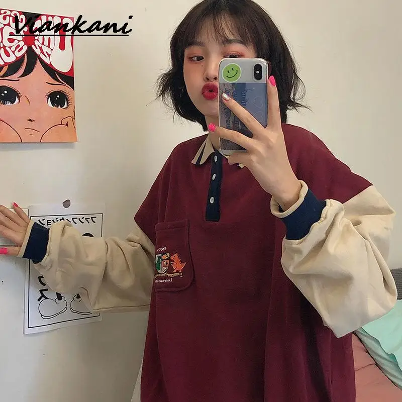 

Women Sweetshirts Harajuku Kawaii Tops Oversize Autumn Casual Pullovers Korean Fashion Polo Collar Student Patchwork Hoodies