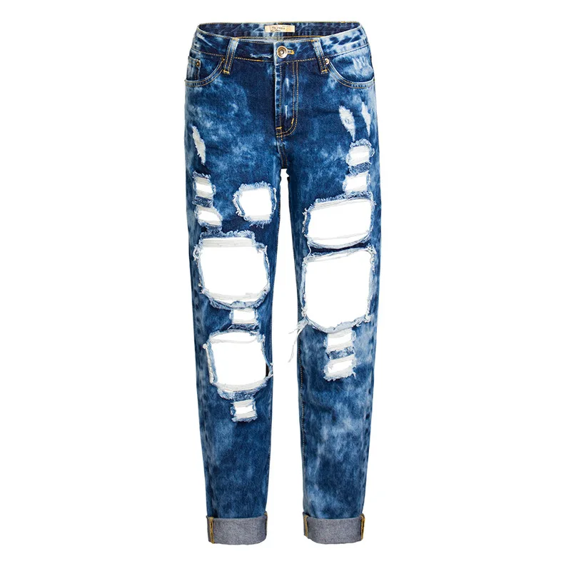 

New selling popular European and American women s wear hole jeans loose straight pants BF 9 point pants hot selling source