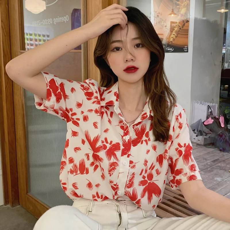

Chiffon Loose Women's Shirts New Fashion Blouse Polo Collar Flower Print Shirt Summer Casual Short Sleeve Blusas Houthion