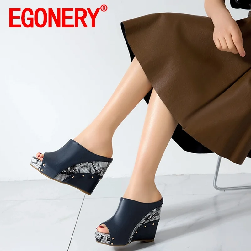 

EGONERY summer Fashion New Style Women Slope Heel Sandals Slipper Concise Comfortable Mature Peep Toe mixed color Multicolor