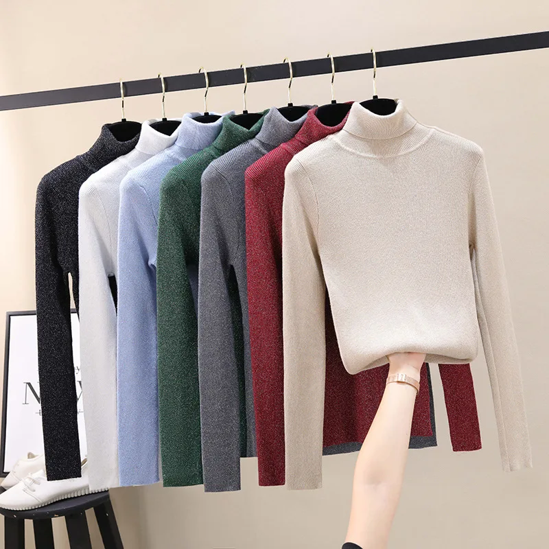 Блестящий женский свитер с люрексом и высоким воротом на осень зиму Женский