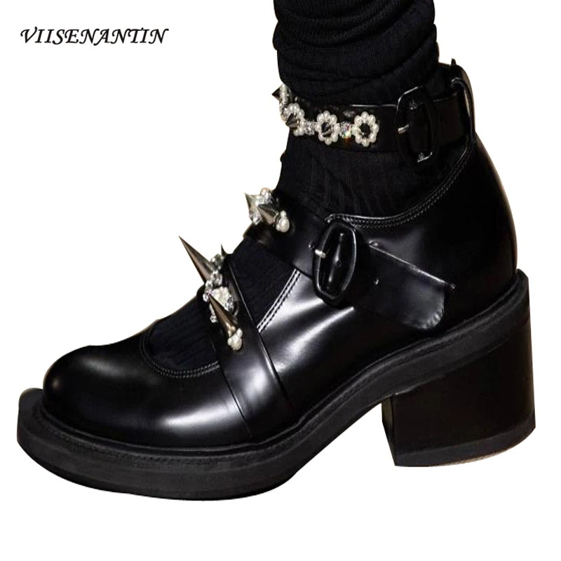 

Mary Jane Pearl Rivet Leather Platform Shoes Women All-Match Ankle Buckle Strap Thick Heel Spring and Autumn Black White Pumps