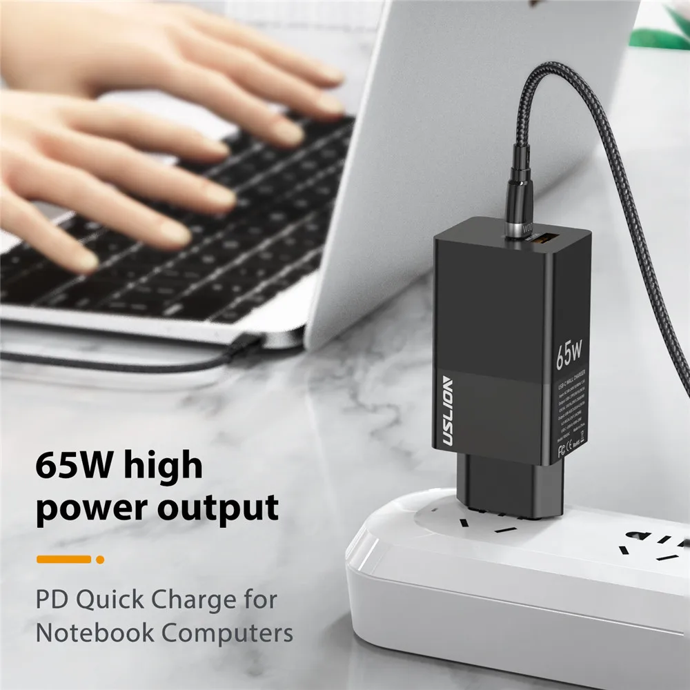 uslion gan 65w usb c charger quick charge 4 0 3 0 qc4 0 qc pd3 0 pd usb c type c fast usb charger for iphone macbook pro samsung free global shipping