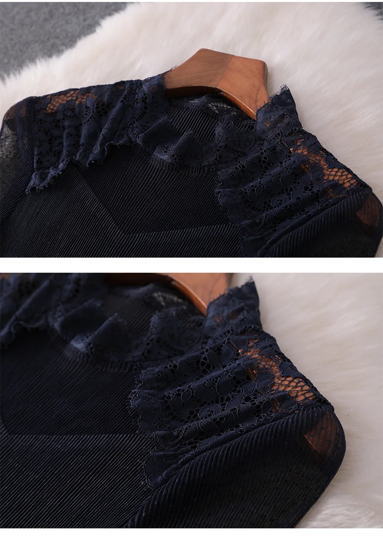 Women fashion autumn winter ruffles dress lace inset falre sleeve fit and flare cute dresses new blue