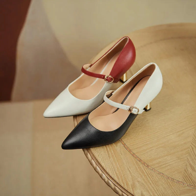 

MEMUNIA 7.5cm Thin High Heels Single Shoes Women Pumps Genuine Leather Shoes Mixed Colors Vintage Dress Party Shoes Woman