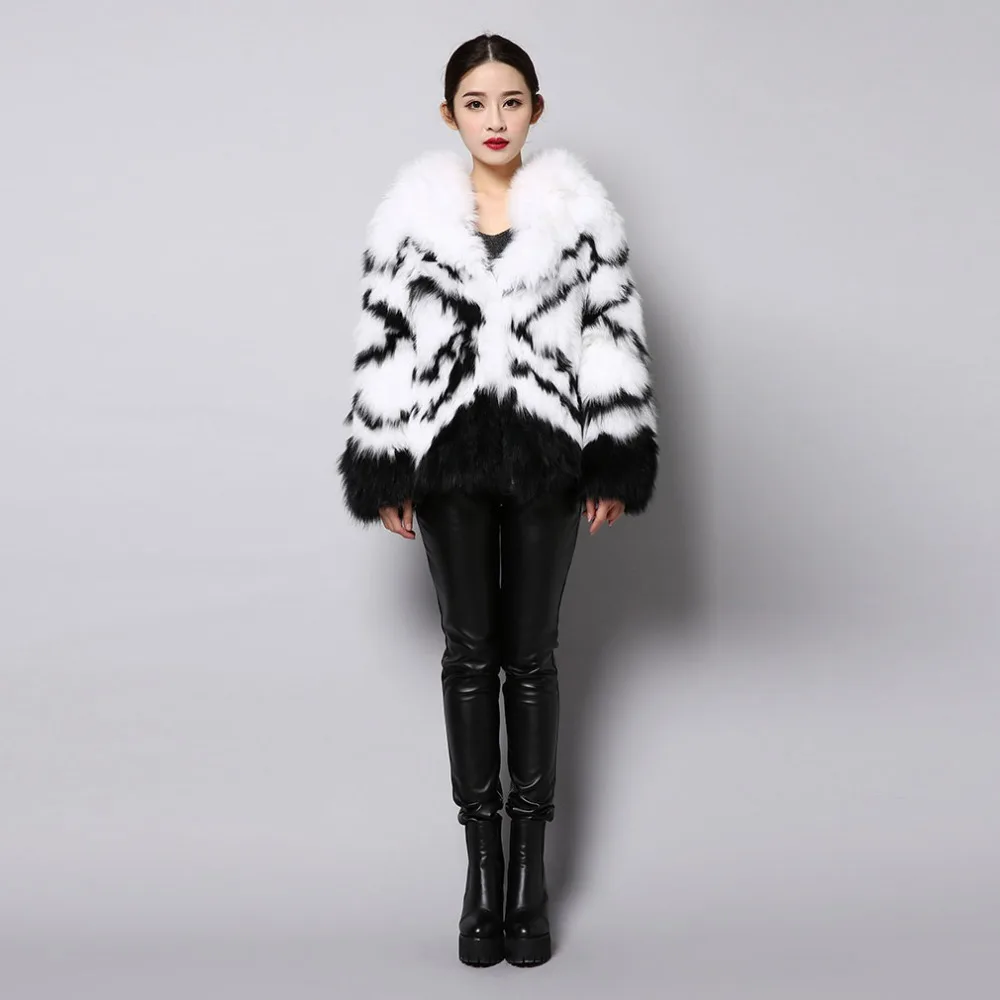 

Women's Natural Fur Jacket with Big Hoodie Black Pattern Real Fox Fur Coat Female Warm Outwear Fur Story FS151261