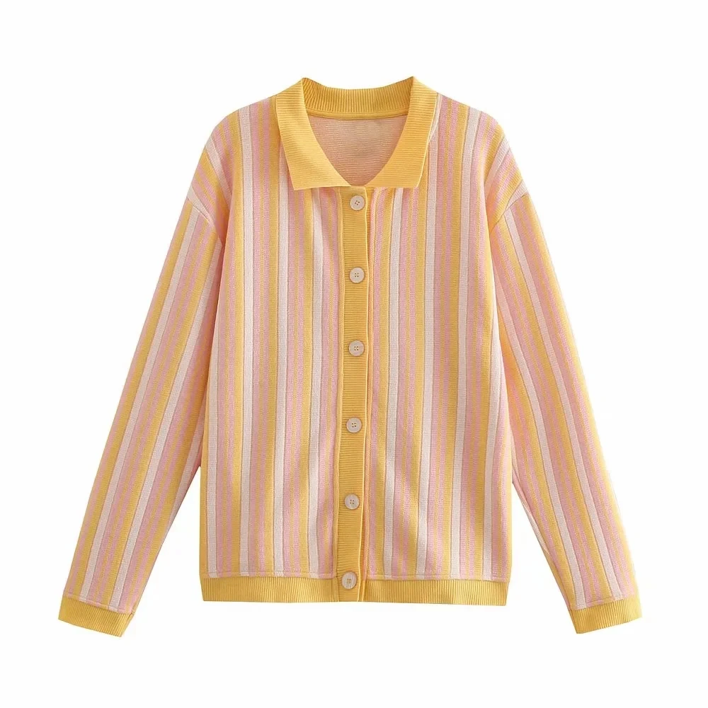 

Женский однобортный жаккардовый кардиган Za, вязаный жаккардовый кардиган в полоску с длинным рукавом и лацканами, повседневная одежда на в...