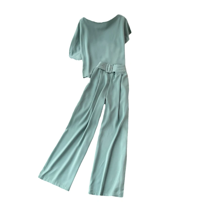 

2021 Summer New Design Slant Collar Irregular Sleeve Short Top And High Waist Wide Leg Pants Fashion Women Two Piece Set