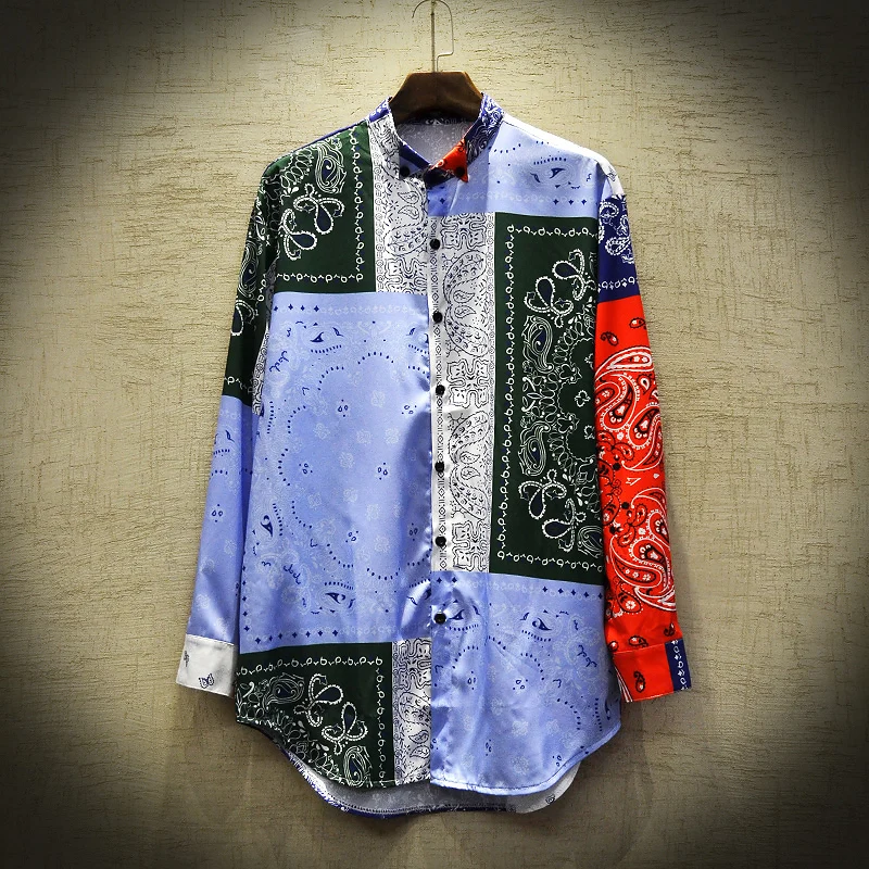 Рубашка мужская с длинным рукавом повседневная в стиле хип-хоп пэчворк принтом