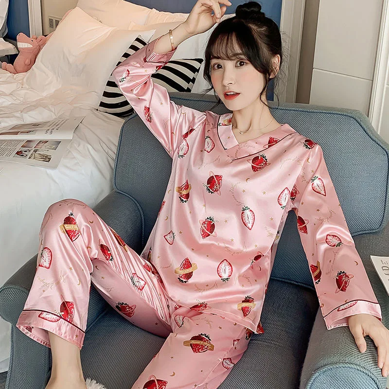 Summer Pajamas Women's Casual Lapel Loose Cardigan Long-sleeved Trousers Two-piece Women's Sexy Cute Home Service Pajama Set