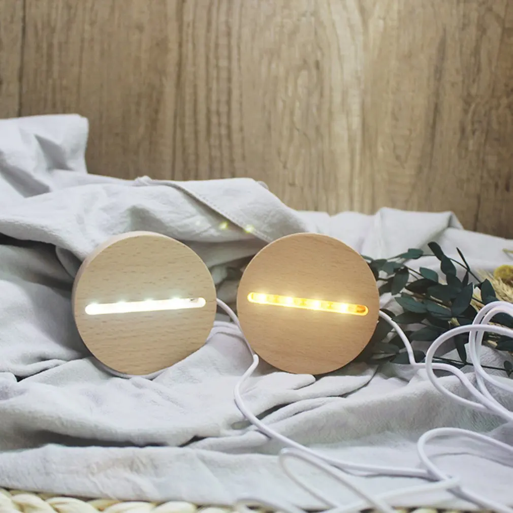 

Популярная круглая Светодиодная настольная лампа с деревянным основанием и USB-выключателем, современный ночник, акриловый 3D светодиодный Н...