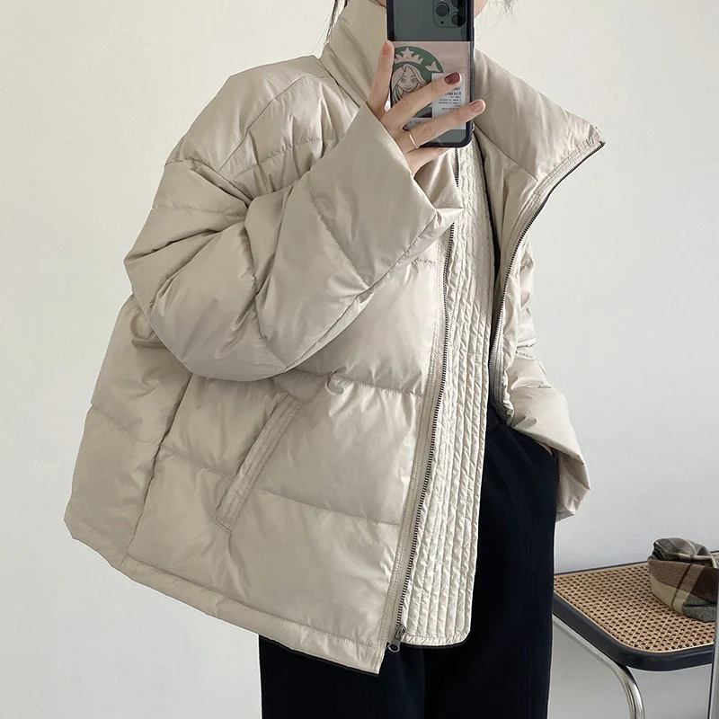Short White Duck Down Warm Casual Fashion Coat 2021 Women New Winter Solid Color Oversized Stand Up Collar Jacket Female