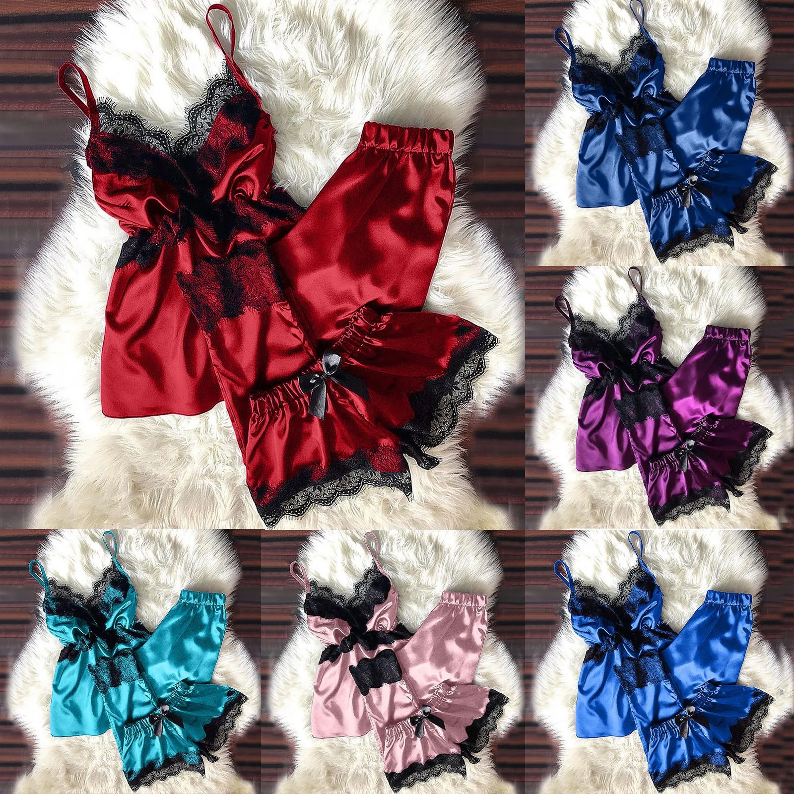 

V-Neck Eyelash Lace Pajamas Set Satin Camisole Bowknot Shorts Sleepwear Set Female Comfort Soft Suit 3pcs Pyjama Home Suit