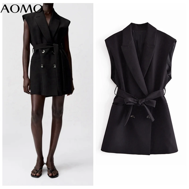 

Женский Длинный жилет AOMO, черный двубортный жилет без рукавов для офиса, 2021