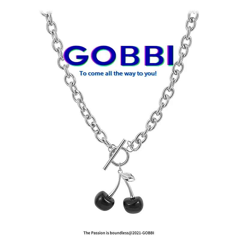 

GOBBI2021 New Retro Black Resin Black Cherry Pendant Necklace Women's Girl Silver Metal Chain Necklace Necklace Party Jewelry