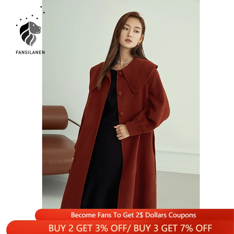 

FANSILANEN 100% Wool Christmas Red Winter Coat Women Turn Down Collar Oversized Long Jacket Wram Cashmere Vintage Female Coat