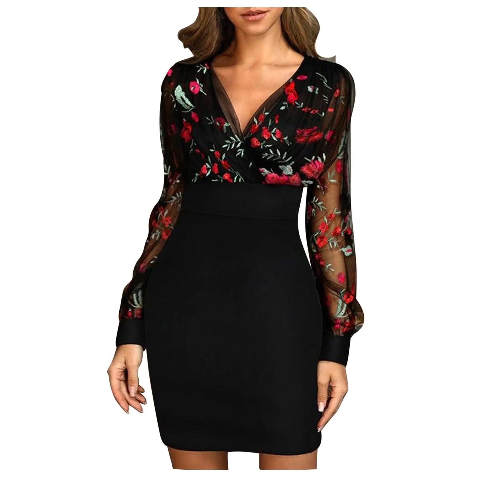 

Women Fashion Embroidery Mesh Sexy Retro Elegant V-neck Party Club Dress Sexy Slim A-line Version Winter Dress