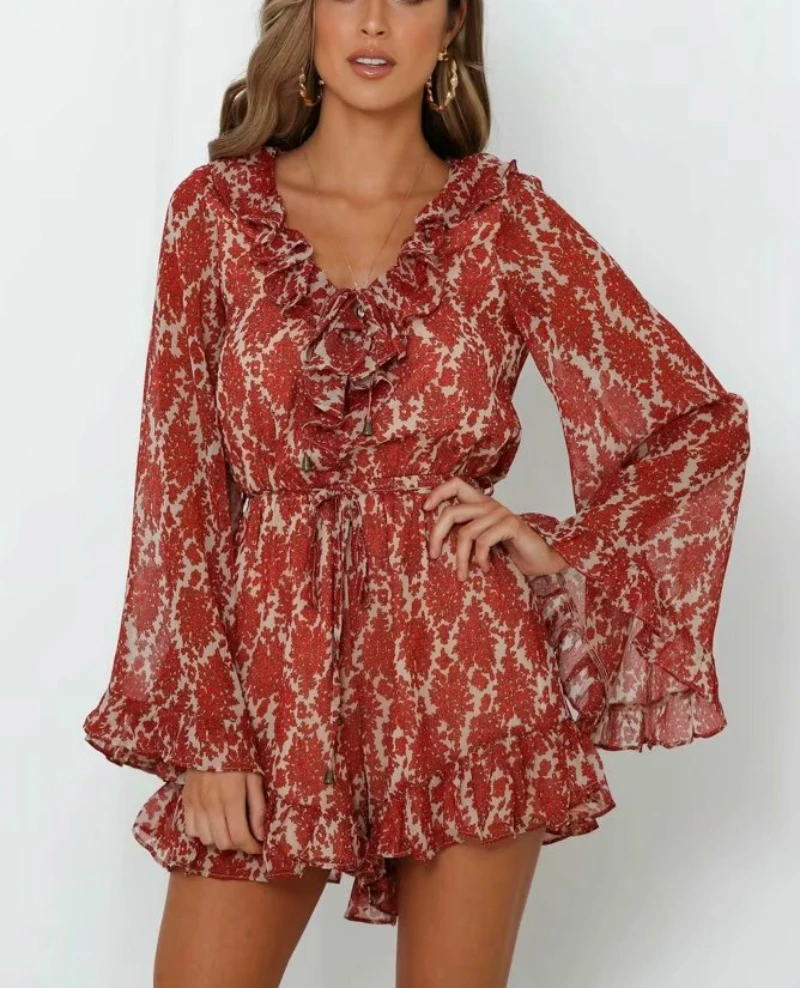 Женский винтажный шикарный комбинезон Бохо с цветочным принтом V-образным