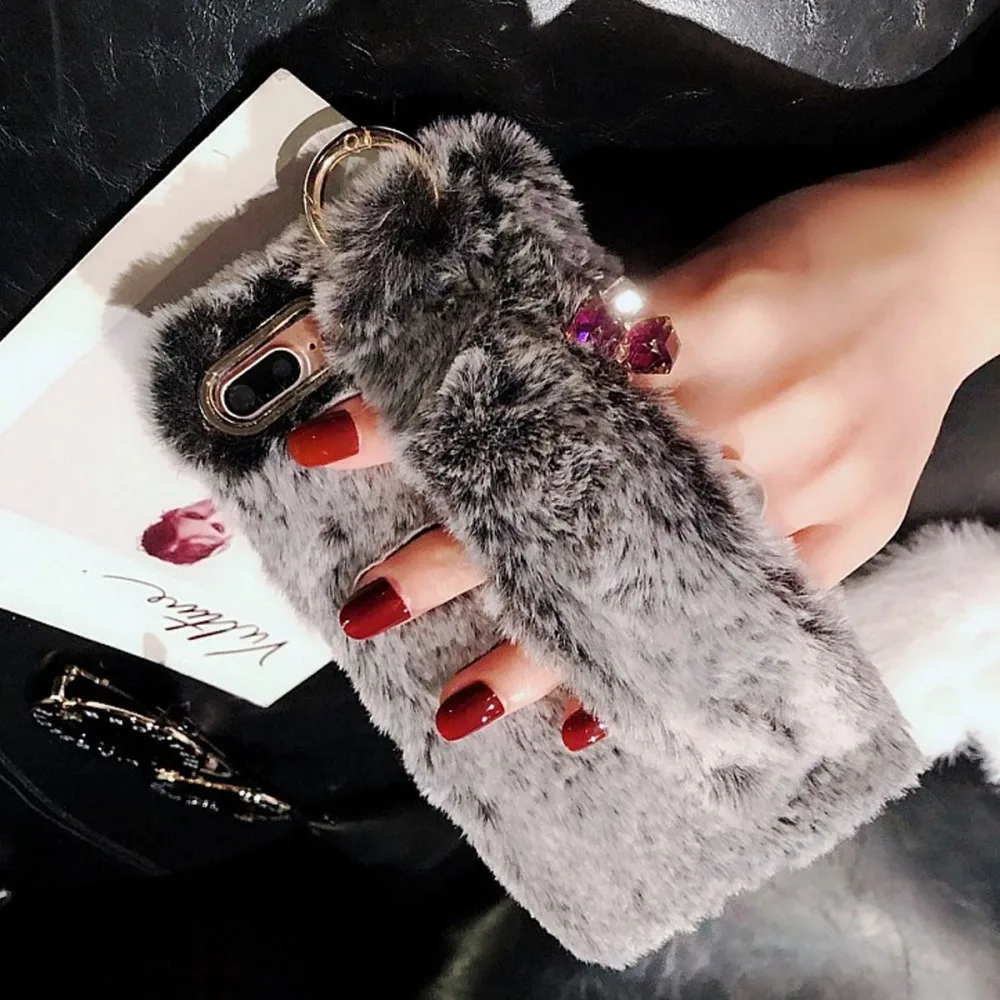 

9x15.5cm Winter Plush Cellphone Case Mobile Phone Shell Wrist Strap Phone Holder Phone Accessories Compatible for Iphone X Grey