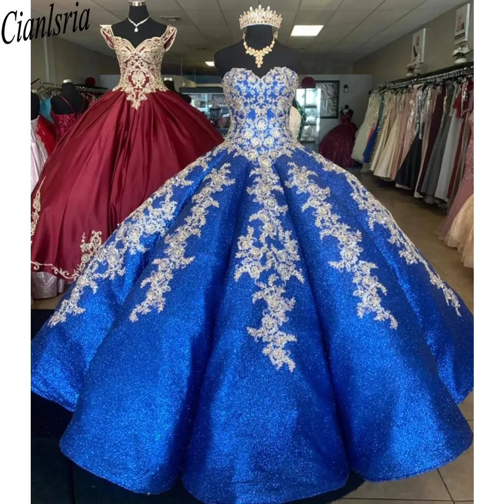 

Ярко-синие золотистые кружевные платья для Quinceanera 2021, без бретелек, Пышное Бальное платье, корсет на спине, выпускной, конкурс, милое 16 девуше...