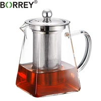 borrey square heat resistant glass teapot with stainless steel infuser filter puer tea kettle clear glass tea pot cup tea sets