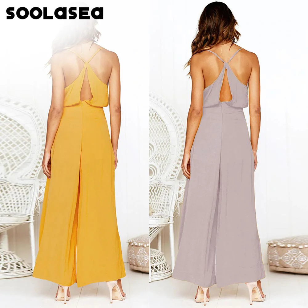 

Soolasea Solid Color Jumpsuit Women 2020 Spring Soft High Waist Spaghetti Strap Backless Jumpsuit Stylish Wide Leg Long Rompers